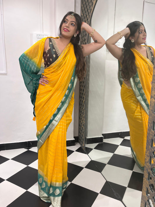 Yellow Georgette Lines Saree