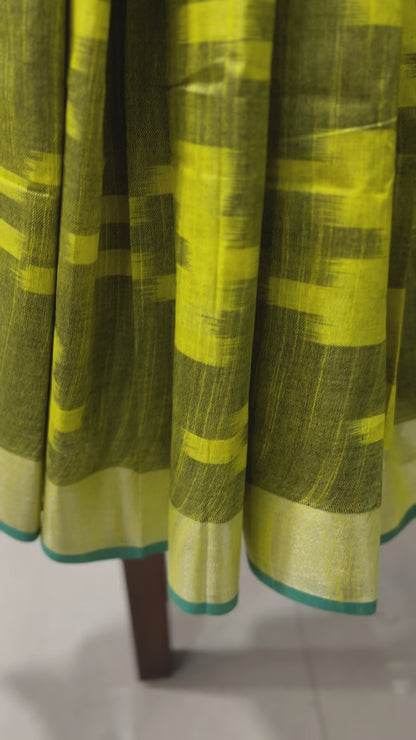 Pure Cotton Ikhat Sea Green & Olive Green Saree