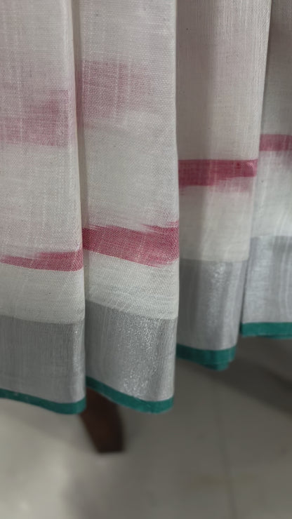 Pure Cotton Ikhat Cream & Sea Green Saree